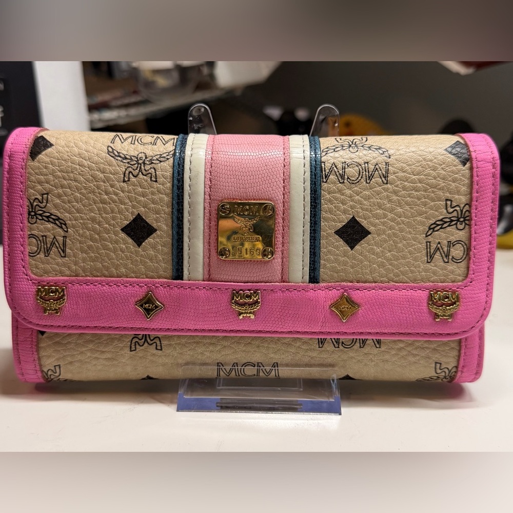 MCM Beige Visetos Wallet with Pink Trim and Navy Stripe